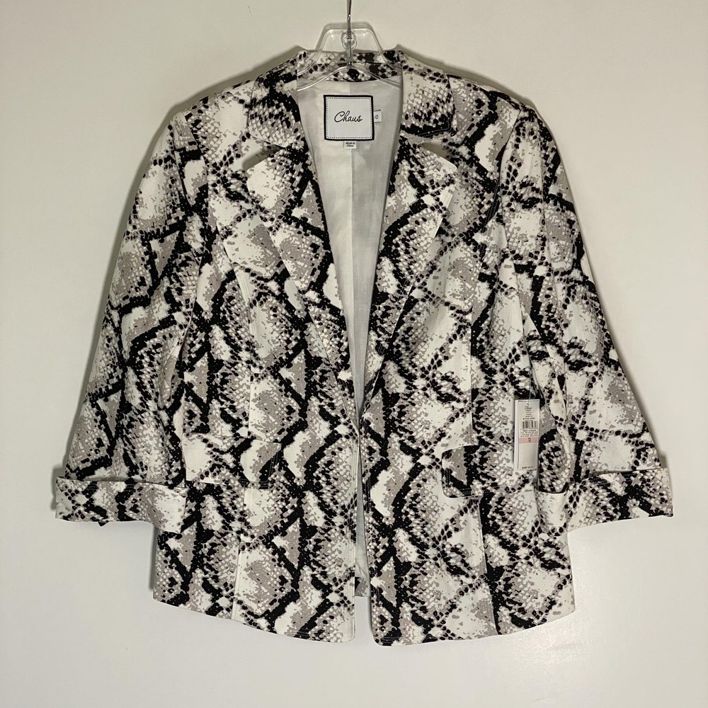 Chaus Blazer Jacket Womens 10 Gray Snake Print Linen Blend Open Front NWT